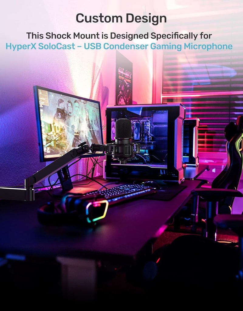 Etour Custom Built for SoloCast Shock Mount with pop filter, 2025 Upgrade Anti-Vibration Suspension Elastic Shock Mount Holder Clip Mics Stand with Screw Adapter Compatible with Hyperx SoloCast Microphone - Image 2